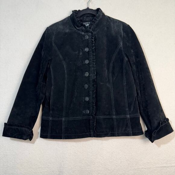 Brandon Thomas VTG Black Suede Leather Jacket Blazer Ruffle-Edged Size Large - Picture 1 of 8